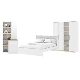 ชุดห้องนอน รุ่นมินิมอล ขนาด 5 ฟุต (เตียง, ตู้เสื้อผ้า 4 บาน, โต๊ะเครื่องแป้ง) - สีขาว/เลอบาน่า โอ๊ค