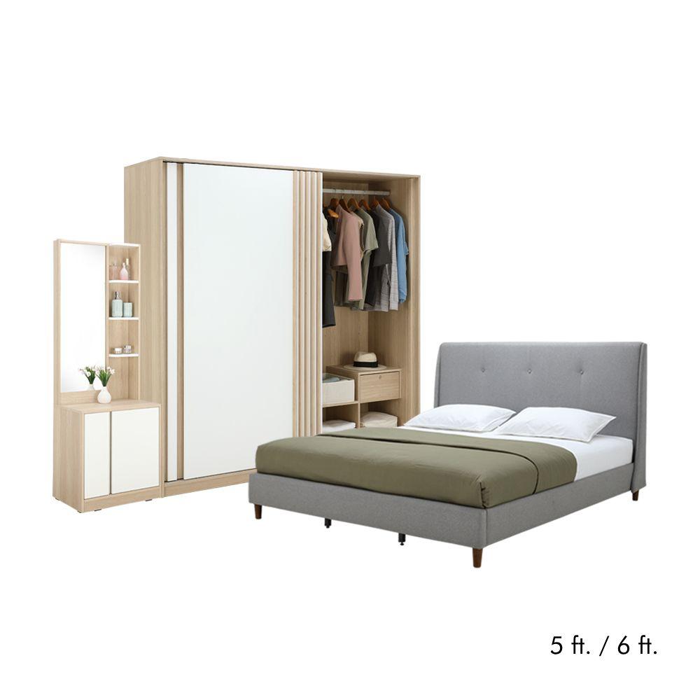 ชุดห้องนอน รุ่นมิลลี่+วาร่า (เตียง, ตู้บานสไลด์ 200 ซม., โต๊ะเครื่องแป้ง) - สีเทา/เลอบาน่า โอ๊ค