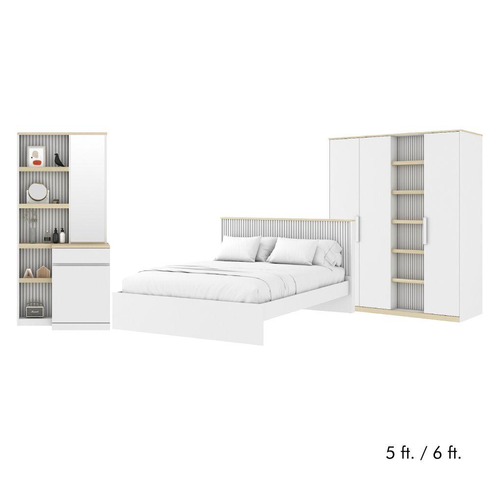 ชุดห้องนอน รุ่นมินิมอล (เตียง, ตู้เสื้อผ้า 4 บาน, โต๊ะเครื่องแป้ง) - สีขาว/เลอบาน่า โอ๊ค