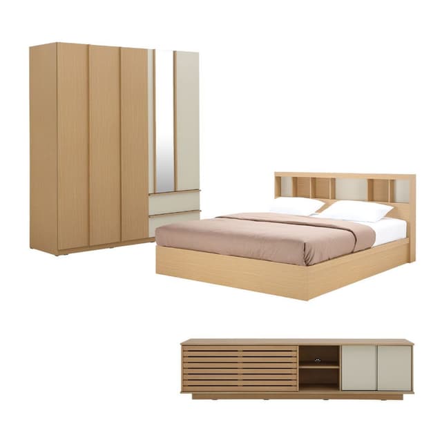 ชุดห้องนอน รุ่นชิซูโอกะ ขนาด 6 ฟุต (เตียง, ตู้เสื้อผ้า 5 บาน, ตู้วางทีวี) ราคาพิเศษ!