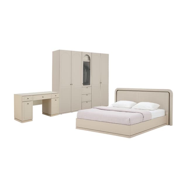 ชุดห้องนอน รุ่นซีรีน ขนาด 6 ฟุต (เตียง, ตู้เสื้อผ้า 5 บาน, โต๊ะเครื่องแป้ง) - สีเบจ
