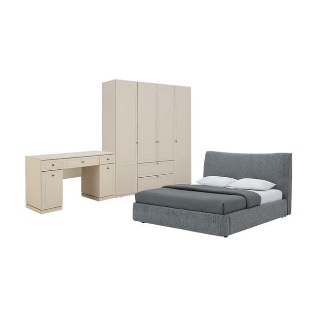 ชุดห้องนอน รุ่นซีรีน ขนาด 6 ฟุต (เตียงหุ้มผ้า, ตู้เสื้อผ้า 4 บาน, โต๊ะเครื่องแป้ง) - สีเบจ/เทา
