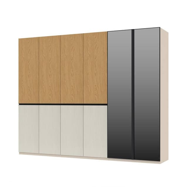 ตู้เสื้อผ้า 6 บาน (บานสะวันนา+กระจกเงาชาดำ) รุ่นพาย ขนาด 300 ซม. - สีเบจ