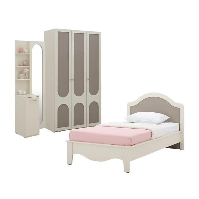 ชุดห้องนอน รุ่นฟลอเรนซ์ ขนาด 3.5 ฟุต (เตียง, ตู้เสื้อผ้า 3 บาน, โต๊ะเครื่องแป้งแบบยืน) - สีขาวงาช้าง/แฟบริค วูล