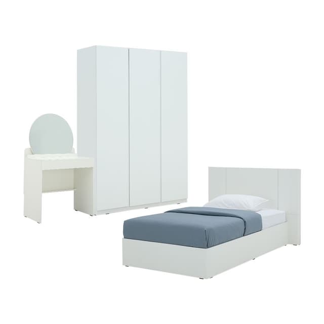 ชุดห้องนอน รุ่นเมลตัน+มาโน่ ขนาด 3.5 ฟุต (เตียง, ตู้เสื้อผ้า 3 บาน, โต๊ะเครื่องแป้ง) - สีขาว