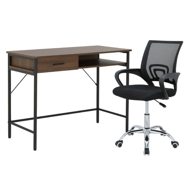 Furinbox โต๊ะทำงาน ขนาด 100 ซม. และเก้าอี้สำนักงาน รุ่นโทโมเอะ+ดาร์บี้ - สีวอลนัท/ดำ