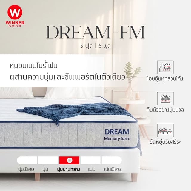 ที่นอน รุ่นดรีม-เอ็ฟเอ็ม - สีขาว/เทาอ่อน