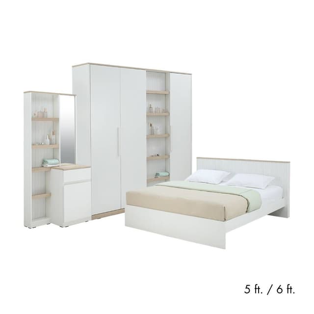 ชุดห้องนอน รุ่นมินิมอล (เตียง, ตู้เสื้อผ้า 4 บาน, โต๊ะเครื่องแป้งแบบยืน) - สีขาว/เลอบาน่า โอ๊ค